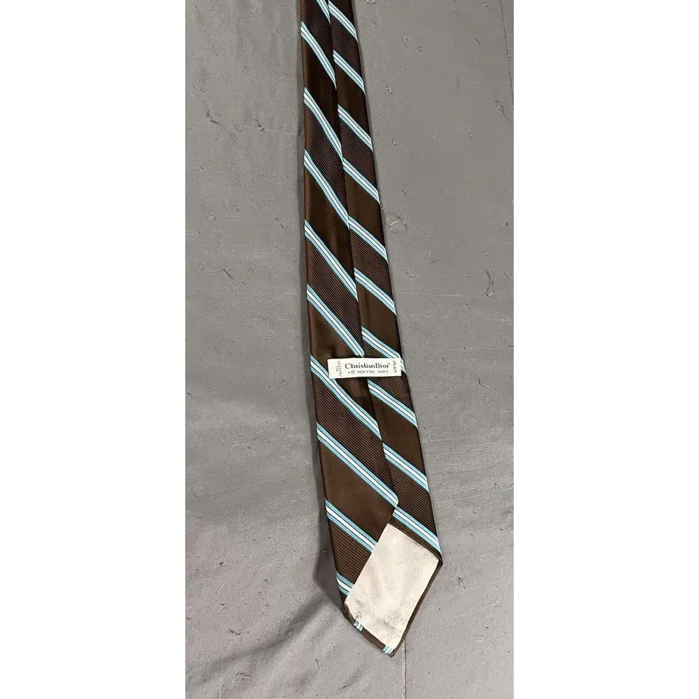 Vintage Christian Dior Tie Mens Brown Teal White Striped Polyester Regular Width